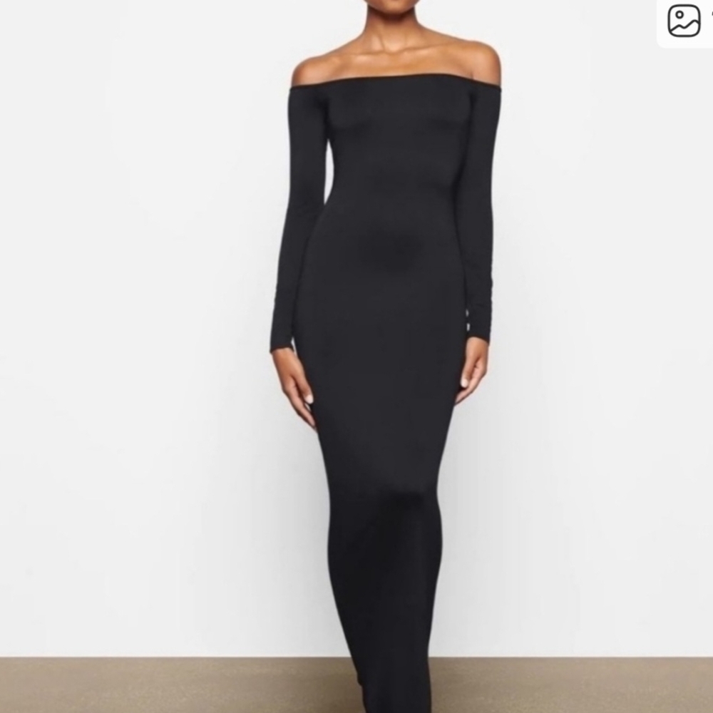 SKIMS Black Long Sleeve Off-Shoulder Dress